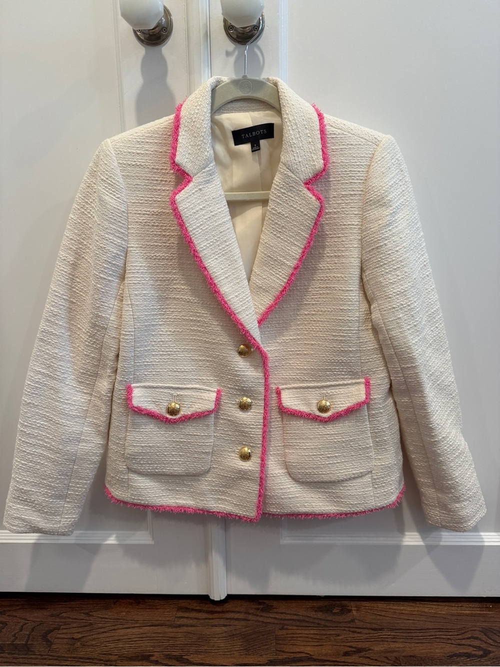 Talbots Cream Tweed Blazer Pink Fringe Trim Gold Buttons Sz 2